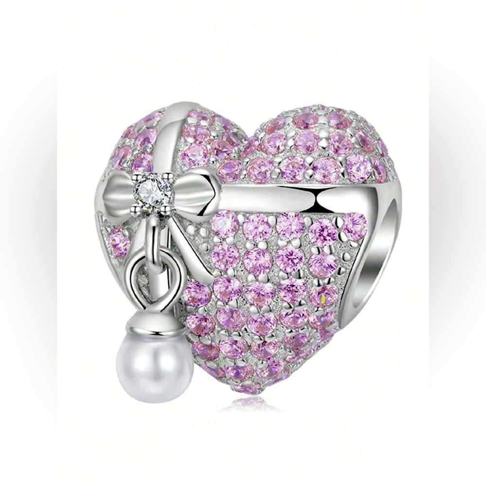 925 REAL SILVER HEART CHARM W/ Sparkling Pink Stones